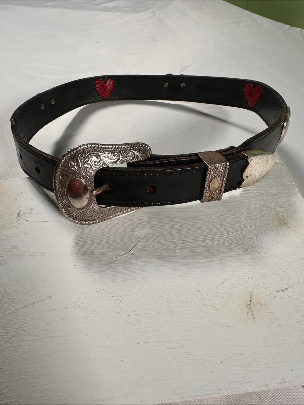 M&P Black Leather Belt with Silver Western Buckle and Red Heart Accents